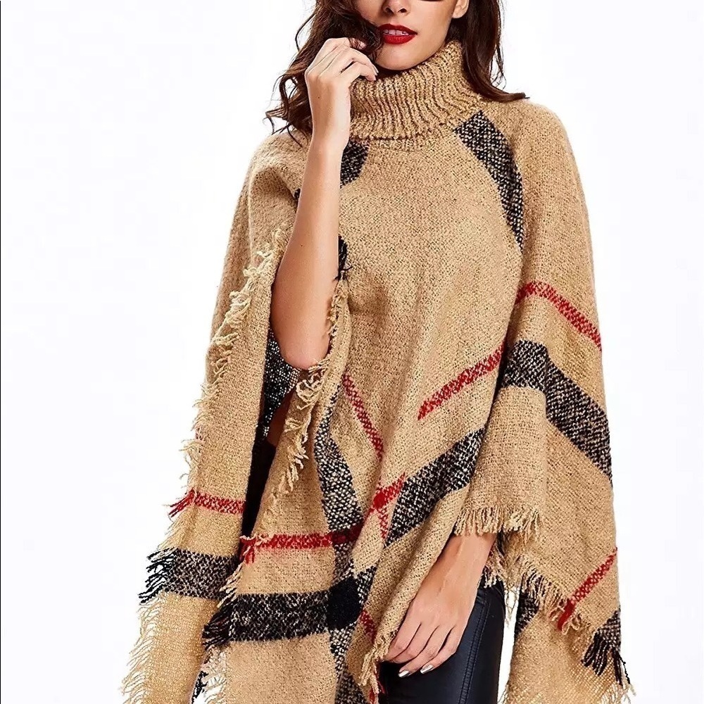 Camel Plaid Chunky Knit Sweater Poncho